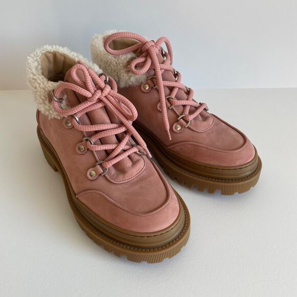 M. Gemi‎ The Alpi Boot Womens Muted Pink Suede Lug Shearling Ankle Size 8 Nwob - Picture 1 of 8